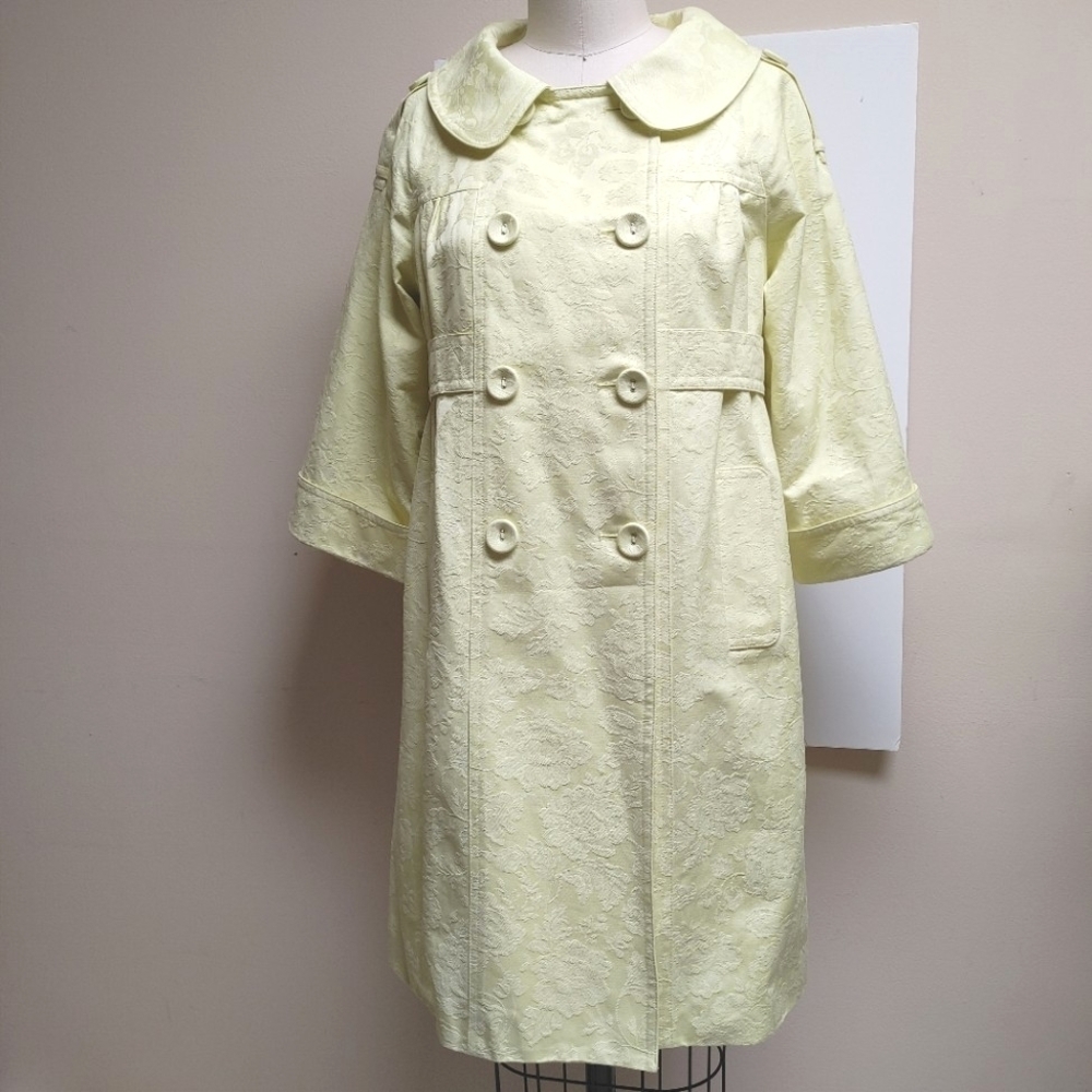 Cynthia Steffe Brocade Chartreuse Empire Waist Dress Coat Raglan 3/4 Sle…